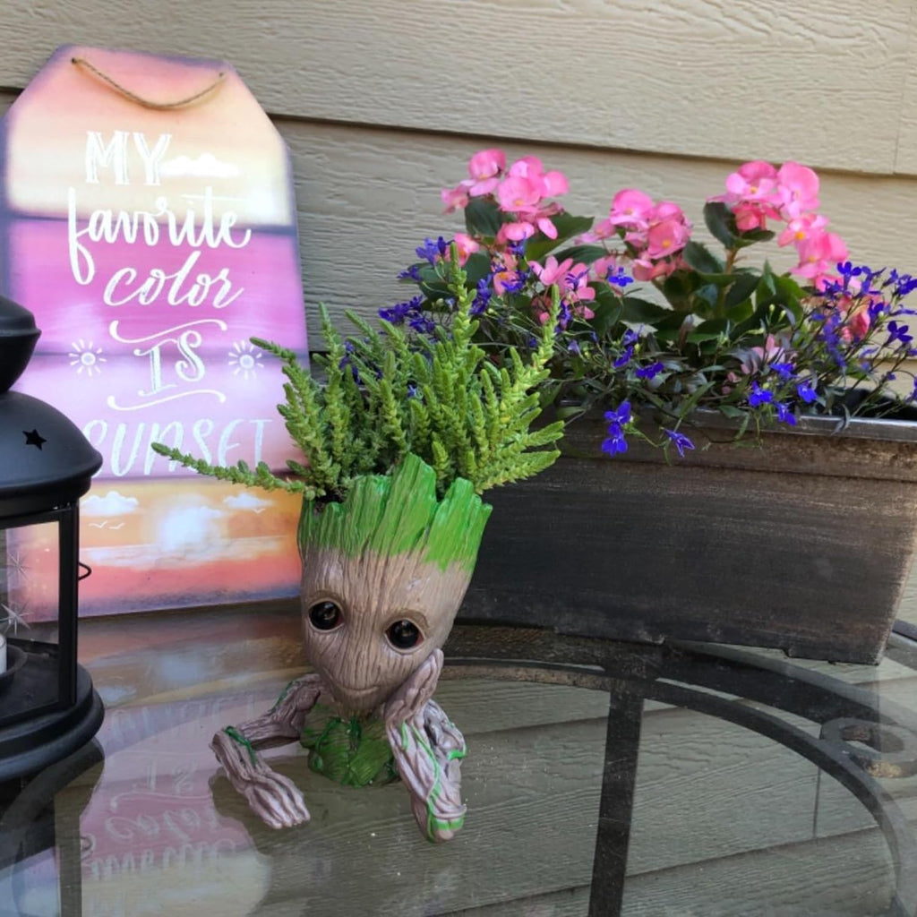 Baby Groot Pen Pot Tree Man Pens Holder or Flower Pot with Drainage Hole Perfect for a Tiny Succulents Plants 6" (Grayish Brown)