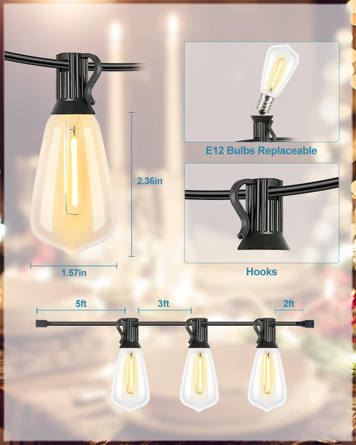 200FT Outdoor String Lights, LED Bistro String Lights with Shatterproof G40 Vintage Bulbs, 2200K Dimmable, Waterproof Hanging Lights for Porch, Deck, Garden, Backyard, Balcony - ETL Listed